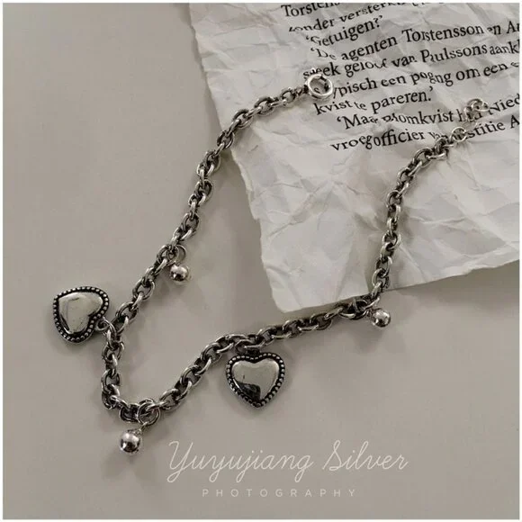 #NEW 925 Sterling Silver Vintage Heart Bead Bracelet - Picture 7 of 11